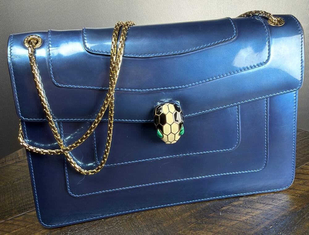 BVLGARI Serpenti Forever Metallic Blue Leather Flap Shoulder Bag 2578308Y Auth